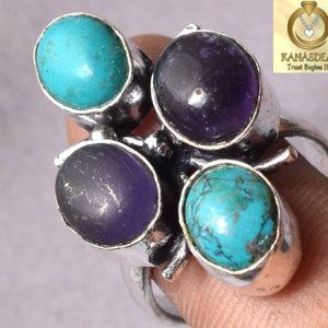 NEW 7 GM Turquoise Blue & Black Stone 925 Sterling Silver Plated Ring-Size 8